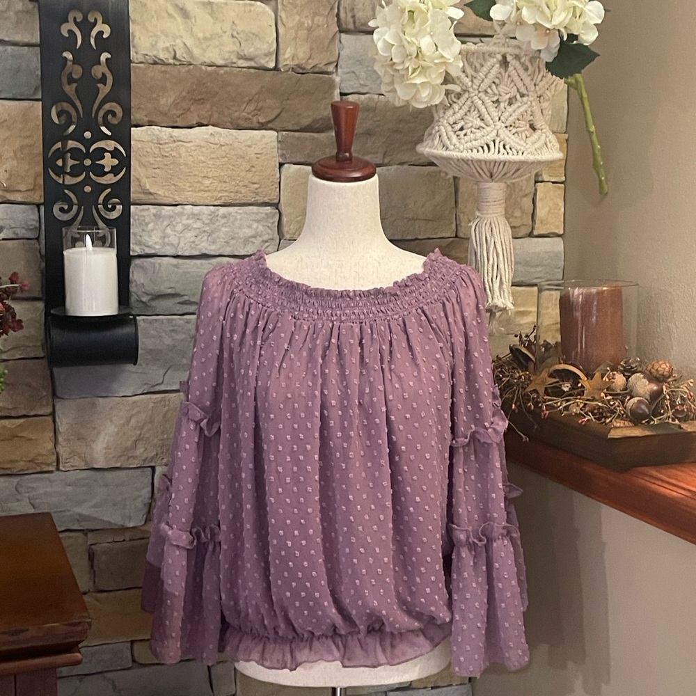 #Women Fashion Flared Long Sleeve Chiffon Off The Shoulder Cut Out Loose Top